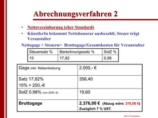 Abrechnungsverfahren 2
 • Nettovereinbarung (eher Standard)
 • KünstlerIn bekommt Nettohonorar ausbezahlt, Steuer trägt
    Veranstalter
 Nettogage + Steuern= Bruttogage/Gesamtkosten für Veranstalter
      Steuersatz %         Berechnungssatz %     SolZ %
      15                   17,82                 0,98

Gage inkl. Nebenleistung            2.000,- €

Satz 17,82%                         356,40
15% > 250,-€
SolZ 0,98% (von 2000,-€)            19,60

Bruttogage                          2.376,00 €   (Abzug wäre: 376,00 €)
                                    Zuzüglich 7 % UST.
                                                             Klaus Thorwesten
 