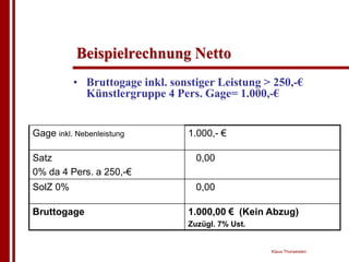 Beispielrechnung Netto
          • Bruttogage inkl. sonstiger Leistung > 250,-€
            Künstlergruppe 4 Pers. Gage= 1.000,-€


Gage inkl. Nebenleistung        1.000,- €

Satz                              0,00
0% da 4 Pers. a 250,-€
SolZ 0%                           0,00

Bruttogage                      1.000,00 € (Kein Abzug)
                                Zuzügl. 7% Ust.


                                                  Klaus Thorwesten
 