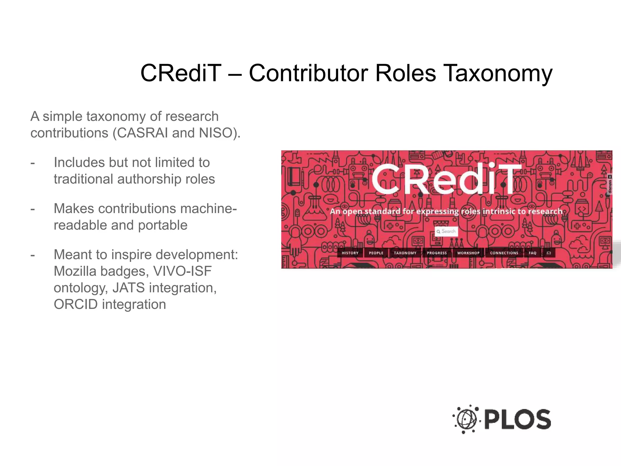 CRediT – Contributor Roles Taxonomy
A simple taxonomy of research
contributions (CASRAI and NISO).
- Includes but not limited to
traditional authorship roles
- Makes contributions machine-
readable and portable
- Meant to inspire development:
Mozilla badges, VIVO-ISF
ontology, JATS integration,
ORCID integration
 