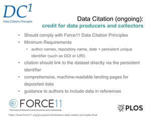 Data Citation (ongoing):
credit for data producers and collectors
• Should comply with Force11 Data Citation Principles
• Minimum Requirements
• author names, repository name, date + persistent unique
identifier (such as DOI or URI)
• citation should link to the dataset directly via the persistent
identifier
• comprehensive, machine-readable landing pages for
deposited data
• guidance to authors to include data in references
https://www.force11.org/group/joint-declaration-data-citation-principles-final
 