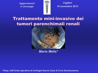 Trattamento mini-invasivo dei
tumori parenchimali renali
Mario Melis*
* Resp. dell’Unità operativa di Urologia Nuova Casa di Cura Decimomannu
Cagliari
16 novembre 2013
Aggiornamenti
in Oncologia
 