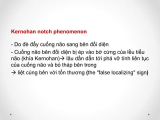 Kernohan notch phenomenon
- Do đè đẩy cuống não sang bên đối diện
- Cuống não bên đối diện bị ép vào bờ cứng của lều tiểu
não (khía Kernohan) lâu dần dẫn tới phá vỡ tính liên tục
của cuống não và bó tháp bên trong
 liệt cùng bên với tổn thương (the "false localizing" sign)
 