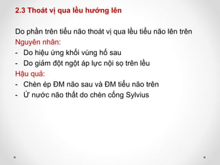 2.3 Thoát vị qua lều hướng lên
Do phần trên tiểu não thoát vị qua lều tiểu não lên trên
Nguyên nhân:
- Do hiệu ứng khối vùng hố sau
- Do giảm đột ngột áp lực nội sọ trên lều
Hậu quả:
- Chèn ép ĐM não sau và ĐM tiểu não trên
- Ứ nước não thất do chèn cống Sylvius
 