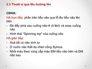 2.3 Thoát vị qua lều hướng lên
CĐHA:
HA trực tiếp: phần trên tiểu não qua lỗ lều tiểu não lên
trên
- Đè đẩy phía sau cuống não di lệch và xoay cuống
não
- Hình thái "Spinning top" của cuống não
HA gián tiếp:
- Xoá bể củ não sinh tư
- Ứ nước não thất do chèn cống Sylvius
- Nhồi máu theo vùng cấp máu ĐM tiểu não trên và ĐM
não sau
 
