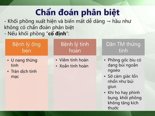 Bệnh lý ống
bẹn
• U nang thừng
tinh
• Tràn dịch tinh
mạc
Bệnh lý tinh
hoàn
• Viêm tinh hoàn
• Xoắn tinh hoàn
Dãn TM thừng
tinh
• Phồng gốc bìu có
dạng búi ngoằn
ngoèo
• Sờ cảm giác lổn
nhổn như búi
giun
• Khi ho hay phình
bụng, khối phồng
không tăng kích
thước
- Khối phồng xuất hiện và biến mất dễ dàng → hầu như
không có chẩn đoán phân biệt
- Nếu khối phồng “cố định”:
Chẩn đoán phân biệt
 