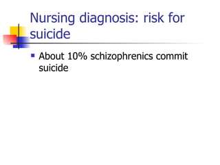 Nursing diagnosis: risk for suicide About 10% schizophrenics commit suicide 