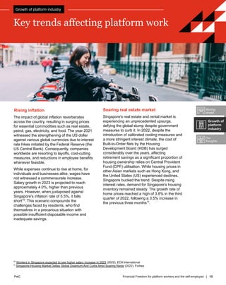 PwC Financial Freedom for platform workers and the self-employed | 13
PwC
Rising inflation
The impact of global inflation reverberates
across the country, resulting in surging prices
for essential commodities such as real estate,
petrol, gas, electricity, and food. The year 2021
witnessed the strengthening of the US dollar
against various global currencies due to interest
rate hikes initiated by the Federal Reserve (the
US Central Bank). Consequently, companies
worldwide are resorting to layoffs, cost-cutting
measures, and reductions in employee benefits
whenever feasible.
While expenses continue to rise at home, for
individuals and businesses alike, wages have
not witnessed a commensurate increase.
Salary growth in 2023 is projected to reach
approximately 4.0%, higher than previous
years. However, when juxtaposed against
Singapore's inflation rate of 5.5%, it falls
short10
. This scenario compounds the
challenges faced by residents, who find
themselves in a precarious situation with
possible insufficient disposable income and
inadequate savings.
Soaring real estate market
Singapore's real estate and rental market is
experiencing an unprecedented upsurge,
defying the global slump despite government
measures to curb it. In 2022, despite the
introduction of calibrated cooling measures and
a more stringent interest climate, the cost of
Built-to-Order flats by the Housing
Development Board (HDB) has surged
considerably over the years, affecting
retirement savings as a significant proportion of
housing ownership relies on Central Provident
Fund (CPF) utilisation. While housing prices in
other Asian markets such as Hong Kong, and
the United States (US) experienced declines,
Singapore bucked the trend. Despite rising
interest rates, demand for Singapore's housing
inventory remained steady. The growth rate of
home prices reached a high of 3.8% in the third
quarter of 2022, following a 3.5% increase in
the previous three months11
.
10
Workers in Singapore expected to see higher salary increase in 2023 (2022), ECA International
11
Singapore Housing Market Defies Global Downturn And Curbs Amid Soaring Rents (2022), Forbes
Key trends affecting platform work
Moving
ahead
Our
thoughts
Growth of
platform
industry
Growth of platform industry
 