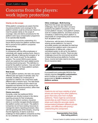 PwC Financial Freedom for platform workers and the self-employed | 24
PwC
Concerns from the players:
work injury protection
Other challenges - Multi-homing
Apart from the scope and operational
challenges, there are also other concerns
posted by the platform companies. In this
current platform industry, most platform workers
work for multiple platforms, and there would be
complexity in determining which platform is
responsible for compensating total income loss
from all platform work.
Furthermore, with the lack of information
sharing across platforms, it is hard to
accurately assess and calculate the total loss
of income from platform work in the event of
hospitalisation or falling sick, unless a
centralised system is set up for the platform
worker to report their income. There are also
challenges around the commercial sensitivity
of data-sharing across platforms if worker
hours, income and rates need to be disclosed
for an insurance claim.
Clarity on the scope
While platform companies are aware that the
insurance protection and coverage for the
platform workers could be enhanced, there is a
need for greater clarity on the scope of
coverage, risks and claims procedures for the
platform work injury compensation programme
to be operationally feasible.
Uncertainties around the underwriting of a
future WICA product for platform workers have
led to concerns from platform companies
around pricing.
Scope of coverage
In comparison with the office employees or
individuals with regular working hours, there is
greater difficulty in defining the concepts of “at
work” and “result of work” for the platform
workers. The current WICA covers injuries
which are sustained from work related events
including travel during work. This definition is
broad for the platform workers - how and when
protection kicks in for these platform workers
need to be clearly defined.
Risk levels
For the platform workers, the risks vary across
different jobs and types of vehicles used. For
example, travelling via a motorcycle as
opposed to a delivery van could have vastly
different risks of severe injury. The risks faced
by the platform workers at work need to be
assessed and factored into the pricing of the
platform worker insurance product, rather than
a “one size fits all” product.
Claims execution
Currently, under the traditional WICA,
employers are directly involved in the claims
reporting process for their employees.
However, for platform workers, insurance
claims is currently managed directly between
the platform worker and insurer. The platform
companies do not have existing resources to
manage the claims reporting processes. Also,
with the growing size of the industry, ensuring
that the legitimacy of claims could be a
challenge for these platform companies as they
do not undertake such a role at the moment.
“
Platforms do not have visibility of what
drivers are earning from other platforms,
given that many earn from multiple
platforms. There might be commercial
sensitivities as well if there’s a need to
share such data [for accurate claims
compensation] between different private
parties, and difficulties with pricing /
underwriting this component.
Representative from Grab,
Ride hailing platform
Moving
ahead
Our
thoughts
Growth of
platform
industry
Growth of platform industry
A successful and sustainable WICA for this
industry requires thoughtful customisation,
which involves an openness from the
government to iterate a version for
platform workers.
Summary
 