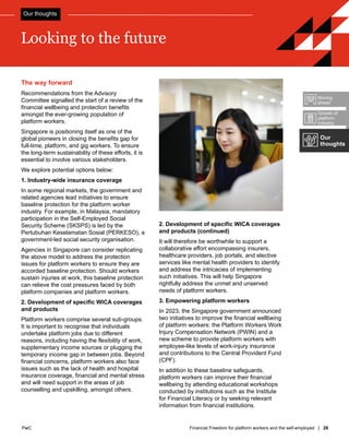 PwC Financial Freedom for platform workers and the self-employed | 28
PwC
Looking to the future
The way forward
Recommendations from the Advisory
Committee signalled the start of a review of the
financial wellbeing and protection benefits
amongst the ever-growing population of
platform workers.
Singapore is positioning itself as one of the
global pioneers in closing the benefits gap for
full-time, platform, and gig workers. To ensure
the long-term sustainability of these efforts, it is
essential to involve various stakeholders.
We explore potential options below:
1. Industry-wide insurance coverage
In some regional markets, the government and
related agencies lead initiatives to ensure
baseline protection for the platform worker
industry. For example, in Malaysia, mandatory
participation in the Self-Employed Social
Security Scheme (SKSPS) is led by the
Pertubuhan Keselamatan Sosial (PERKESO), a
government-led social security organisation.
Agencies in Singapore can consider replicating
the above model to address the protection
issues for platform workers to ensure they are
accorded baseline protection. Should workers
sustain injuries at work, this baseline protection
can relieve the cost pressures faced by both
platform companies and platform workers.
2. Development of specific WICA coverages
and products
Platform workers comprise several sub-groups.
It is important to recognise that individuals
undertake platform jobs due to different
reasons, including having the flexibility of work,
supplementary income sources or plugging the
temporary income gap in between jobs. Beyond
financial concerns, platform workers also face
issues such as the lack of health and hospital
insurance coverage, financial and mental stress
and will need support in the areas of job
counselling and upskilling, amongst others.
2. Development of specific WICA coverages
and products (continued)
It will therefore be worthwhile to support a
collaborative effort encompassing insurers,
healthcare providers, job portals, and elective
services like mental health providers to identify
and address the intricacies of implementing
such initiatives. This will help Singapore
rightfully address the unmet and unserved
needs of platform workers.
3. Empowering platform workers
In 2023, the Singapore government announced
two initiatives to improve the financial wellbeing
of platform workers: the Platform Workers Work
Injury Compensation Network (PWIN) and a
new scheme to provide platform workers with
employee-like levels of work-injury insurance
and contributions to the Central Provident Fund
(CPF).
In addition to these baseline safeguards,
platform workers can improve their financial
wellbeing by attending educational workshops
conducted by institutions such as the Institute
for Financial Literacy or by seeking relevant
information from financial institutions.
Our
thoughts
Growth of
platform
industry
Moving
ahead
Our thoughts
 