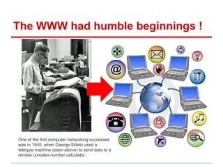 The WWW had humble beginnings !
One of the first computer networking successes
was in 1940, when George Stibitz used a
teletype machine (seen above) to send data to a
remote complex number calculator.
 