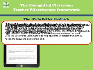 The Thoughtful Classroom
                Teacher Effectiveness Framework

                                     The 4Ps to Better Feedback
     3.	
  Pose	
  (Ask	
  ques2ons	
  that	
  foster	
  reﬂec2on	
  on	
  teacher’s	
  do	
  improve	
  prac2ce.)	
  
                                                                                                       ecisions	
  and	
  
     2.	
  Praise	
  (Recognize	
  List	
  speciﬁc	
  evidence	
  to	
  support	
  how	
  tyou	
  lobserved.)	
  
          4.	
  Propose	
  (Decide—collabora2vely	
  if	
  possible—on	
   enhance	
   earning.)	
  
1.	
  Provide	
  Evidence	
  (
                                                                     1.  Provide Evidence
                                        posi2ve	
  teaching	
  behaviors	
  that	
  what	
  
     their	
  tiargets	
  were	
  posted,	
  but	
  I	
  think	
  it’s	
  important	
  that	
  all	
  students	
  really	
  
          The	
   mpact.)	
  
Standards	
  were	
  clear	
   “nd	
  how	
  you	
  s	
  student-­‐friendly	
  learning	
  goals.	
   What	
  
     Great	
  hook!	
  	
  Using	
  a	
  awhat	
  if”	
  quesGon	
  really	
  engaged	
  students	
  and	
  got	
  
     I	
  internalize	
  itnterested	
  in	
   p	
  osted	
  a used	
  2. he	
  ackward	
  Sharing	
  tool	
  to	
  accomplish	
  
           was	
  really	
                                             the	
  B5-­‐S	
  G  Learning	
  tool.	
  
     them	
  to	
  tap	
  ihose	
  acGvate	
  prior	
  might	
  try	
  t Praiseoal	
  
                                     targets.	
   You	
  
                             nto	
  their	
  prior	
  knowledge.	
  
Hook	
  was	
  used	
  to	
   on	
  student	
  focus	
  and	
  self-­‐assessment	
  over	
  the	
  week?	
  
                                                          knowledge.	
  
     eﬀect	
  does	
  it	
  have	
  
          this.	
  
     	
  
Used	
  the	
  Backwards	
  Learning	
  tool	
  to	
  help	
  students	
  understand	
  what	
  they	
  	
  	
  	
  	
  	
  	
  	
  	
  	
  	
  	
  	
  	
  	
  	
  	
  	
  	
  
     	
                                                              3.  Pose Questions
     	
  
needed	
  to	
  know	
  and	
  do	
  by	
  unit’s	
  end.	
  
     	
  
	
   	
  
     	
                                                              4.  Propose




                                                                                                                                                                 31	
  
 