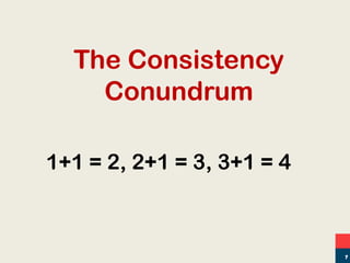 The Consistency
Conundrum
1+1 = 2, 2+1 = 3, 3+1 = 4
7
 