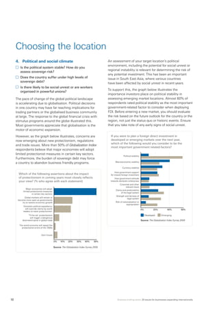 Business briefing series: 20 issues for businesses expanding internationally10
4.	 Political and social climate
	 Is the political system stable? How do you
assess sovereign risk?
	 Does the country suffer under high levels of
sovereign debt?
	 Is there likely to be social unrest or are workers
organised in powerful unions?
The pace of change of the global political landscape
is accelerating due to globalisation. Political decisions
in one country may have far reaching implications for
trading partners or the globalised business community
at large. The response to the global financial crisis with
stimulus programs around the globe illustrated this.
Most governments appreciate that globalisation is the
motor of economic expansion.
However, as the graph below illustrates, concerns are
now emerging about new protectionism, regulations
and trade issues. More than 50% of Globalization Index
respondents believe that major economies will adopt
limited protectionist measures in certain key sectors.
Furthermore, the burden of sovereign debt may force
a country to abandon business friendly programs.
Which of the following assertions about the impact
of protectionism in coming years most closely reflects
your view? (% who agree with each statement)
An assessment of your target location’s political
environment, including the potential for social unrest or
regional instability is relevant for determining the risk of
any potential investment. This has been an important
issue in South East Asia, where various countries
have been affected by social unrest in recent years.
To support this, the graph below illustrates the
importance investors place on political stability in
assessing emerging market locations. Almost 60% of
respondents rated political stability as the most important
government-related factor to consider when deploying
FDI. Before entering a new market, you should evaluate
the risk based on the future outlook for the country or the
region, not just the status quo or historic events. Ensure
that you take note of any early signs of social unrest.
If you were to plan a foreign direct investment in
developed or emerging markets over the next year,
which of the following would you consider to be the
most important government related-factors?
Choosing the location
Source: The Globalization Index Survey 2009
0%	 10%	 20%	 30%	 40%	 50%
Major economies will adopt
limited protectionist measures
in certain key sectors
Global markets will remain or
become more open as governments
try to restore economic growth
The world economy will repeat the
protectionist errors of the 1930s
Domestic political expediency
will override claims by world
leaders to resist protectionism
‘Tit-for-tat‘ protectionism
will trigger a dangerous
downward spiral in global trade
Don’t know
Political stability
Developed Emerging
Source: The Globalization Index Survey 2009
0%	 20%	 40%	 60%
Macroeconomic stability
Host government attitude
towards domestic enterprises
Currency stability
Host government support
for inward foreign investment
Corporate and other
relevant taxes
Clarity and predictability
of the legal system
Strength and fairness of
legal system
Risk of nationalisation or
expropriation
 