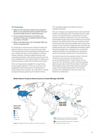 Business briefing series: 20 issues for businesses expanding internationally 17
13.	Financing
	 What are the cash flow needs of your business?
What is your projected revenue growth? Are your
financial models sound or overly optimistic?
	 Do you need strong partners to finance your
expansion? Have you considered Islamic finance
as a source of funds?
	 What is the debt equity mix of funding? What are
the tax consequences?
It is important to stress test your financial models and
revenue targets to ensure you can service your debt.
This testing should involve hypothetical parameters such
as an interest rate hike, currency deflation or difficult
market conditions. During the global financial crisis,
successful businesses continued their growth path due
to the establishment and implementation of realistic and
effective business models that had been stress tested.
There are many options available for raising finance
for your global expansion. There are, of course, well
established conservative options including bank or
intercompany loans, however, you may wish to consider
emerging financing options such as Islamic finance.
The map below depicts how Islamic finance is
available worldwide.
How you manage your ongoing finance raises significant
taxation considerations both in Australia and your target
country. You should test your assumptions by using
financial modelling to determine if you can achieve the
desired debt to equity ratio recommended by your financial
advisors. You should confirm that your treasury function
is permitted under local and Australian law to ensure that
the terms of your finance arrangements do not breach the
transfer pricing rules or thin capitalisation thresholds. Hybrid
financing arrangements, changes to the non-portfolio
dividend exemption and withholding tax implications,
need to be reviewed carefully from a tax perspective.
You should stress test assumptions made in financial
models to ensure that you can still service the
recommended debt levels if certain factors turn to
the worse. You should also confirm that the proposed
debt to equity ratio on both the Australian and foreign
entity balance sheet is permitted under the relevant
taxation law as potential breaches of the transfer
pricing or thin capitalisation rules can result in the
denial of tax deductions.
Global Islamic Funds by Home Country of Asset Manager (QI 2010)
3
5
9
1
4
1
1
1
2
6
100
6
7
2
82
24
2
181
1
3
177
3
13
26
8
34
4 5
2
18
14
Malaysia
~5.1
USA
~2.7
KSA
~22.8
Bahrain
~1.2
UAE
~6.1
Kuwait
~4.0
27
Note: Funds per country include those managed by
players headquartered in that respective jurisdiction.
	Indicates total AuM of Islamic funds in US$ billion
	 Indicates the number of funds
Islamic AuM
by Country
(US$ billion):
10+
1–10
0.5–1
0.1– 0.5
0.01– 0.1
Source: Eurekahedge, Zawya Funds Monitor, Ernst  Young analysis
 