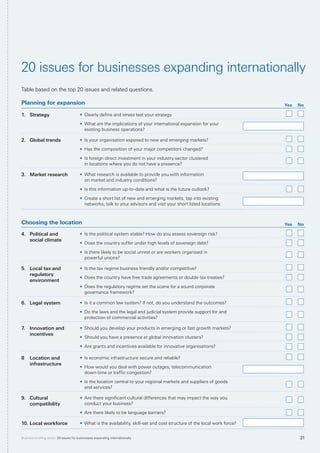 21Business briefing series: 20 issues for businesses expanding internationally
20 issues for businesses expanding internationally
Table based on the top 20 issues and related questions.
Planning for expansion Yes No
1.	 Strategy •	 Clearly define and stress test your strategy
•	 What are the implications of your international expansion for your
existing business operations?
2.	 Global trends •	 Is your organisation exposed to new and emerging markets?
•	 Has the composition of your major competitors changed?
•	 Is foreign direct investment in your industry sector clustered
in locations where you do not have a presence?
3.	 Market research •	 What research is available to provide you with information
on market and industry conditions?
•	 Is this information up-to-date and what is the future outlook?
•	 Create a short list of new and emerging markets, tap into existing
networks, talk to your advisors and visit your short listed locations
Choosing the location Yes No
4.	 Political and
social climate
•	 Is the political system stable? How do you assess sovereign risk?
•	 Does the country suffer under high levels of sovereign debt?
•	 Is there likely to be social unrest or are workers organised in
powerful unions?
5.	 Local tax and
regulatory
environment
•	 Is the tax regime business friendly and/or competitive?
•	 Does the country have free trade agreements or double tax treaties?
•	 Does the regulatory regime set the scene for a sound corporate
governance framework?
6.	 Legal system •	 Is it a common law system? If not, do you understand the outcomes?
•	 Do the laws and the legal and judicial system provide support for and
protection of commercial activities?
7.	 Innovation and
incentives
•	 Should you develop your products in emerging or fast growth markets?
•	 Should you have a presence at global innovation clusters?
•	 Are grants and incentives available for innovative organisations?
8	 Location and
infrastructure
•	 Is economic infrastructure secure and reliable?
•	 How would you deal with power outages, telecommunication
down-time or traffic congestion?
•	 Is the location central to your regional markets and suppliers of goods
and services?
9.	 Cultural
compatibility
•	 Are there significant cultural differences that may impact the way you
conduct your business?
•	 Are there likely to be language barriers?
10.	Local workforce •	 What is the availability, skill-set and cost structure of the local work force?
 