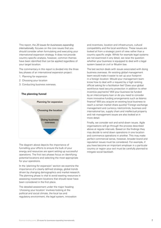 Business briefing series: 20 issues for businesses expanding internationally 7
This report, the 20 issues for businesses expanding
internationally, focuses on the core issues that you
should consider when formulating and executing your
international expansion strategy. It does not provide
country specific analysis, however, common themes
have been identified that can be applied regardless of
your target location.
The commentary in this report is divided into the three
key phases of an international expansion project:
1.	 Planning for expansion
2.	 Choosing your location
3.	Conducting business overseas.
The planning funnel
The diagram above depicts the importance of
funnelling your efforts to ensure the bulk of your
energy and resources are spent setting up successful
operations. The first two phases focus on identifying
potential locations and selecting the most appropriate
for your operations.
In the ‘planning for expansion’ section we examine the
importance of a clearly defined strategy, global trends
driven by changing demographics and market research.
The planning phase is vital to avoid wasting resources in
assessing investment locations that should never have
been considered in the first place.
The detailed assessment under the major heading
‘choosing your location’ involves looking at the
political and social climate, the local tax and
regulatory environment, the legal system, innovation
and incentives, location and infrastructure, cultural
compatibility and the local workforce. These issues are
looked at from a strategic point of view rather than a
country specific angle. Whilst for example legal systems
are not examined in any detail, we raise the question
whether your business is equipped to deal with a legal
system based on civil or Muslim law.
The last section deals with issues associated with doing
business overseas. An existing global management
team would make it easier to set up your footprint
in a foreign location. Would your management team
know how to deal with a request by a high ranking
official asking for a facilitation fee? Does your global
workforce need security protection in addition to other
incentive payments? Will your business be funded
by an intercompany loan or do you need to consider
more innovative funding arrangements such as Islamic
finance? Will you acquire an existing local business to
reach a certain market share quickly? Foreign exchange
management and currency risk/controls, business and
international tax, supply chain and intellectual property
and risk management issues are also looked at in
more detail.
Finally, we consider exit and wind down issues. Agile
organisations will go through the process described
above at regular intervals. Based on the findings they
may decide to wind down operations in one location
and commence operations in another. This may make
perfect commercial sense, however, broader brand and
reputation issues must be considered. For example, if
you have become an important employer in a particular
country or region your exit must be carefully planned to
mitigate social backlash.
Planning for expansion
Choosing the location
Doing business
overseas
 