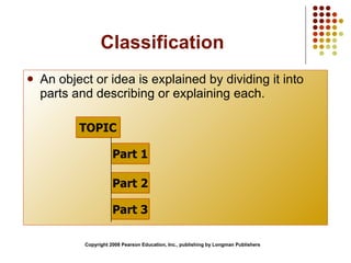 Classification An object or idea is explained by dividing it into parts and describing or explaining each. Copyright 2008 Pearson Education, Inc., publishing by Longman Publishers TOPIC Part 1 Part 2 Part 3 