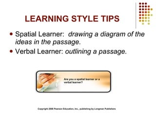 LEARNING STYLE TIPS Spatial Learner:  drawing a diagram of the ideas in the passage. Verbal Learner:  outlining a passage. Copyright 2008 Pearson Education, Inc., publishing by Longman Publishers Are you a spatial learner or a verbal learner? 