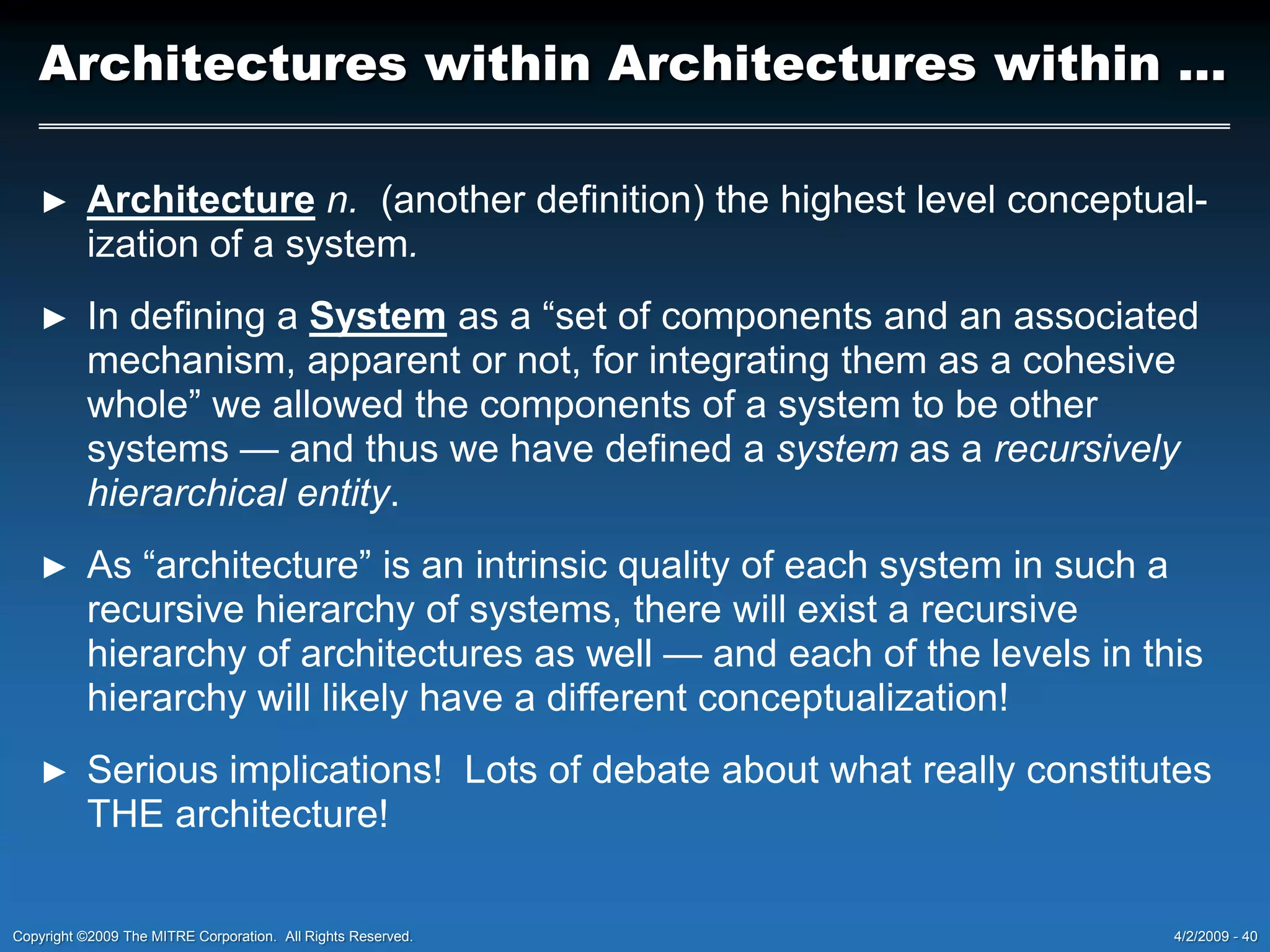 Architectural “design”Engineering – One Side of the ProblemEngineering employs analysis of function to iteratively decomposeand separate a primarily functional representation of a whole into representations of economically producible components that can be assembled to construct the functional whole.Big implication here!Engineering requires arepresentation of the whole as an“initial point” to be successful!Engineering does not workwithout an initial point!!We call this “initial point”:Engineerible RequirementsThe set of engineering requirements necessary and sufficient to initiatethe successful engineering and production of a system