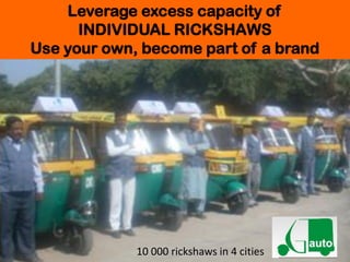 10 000 rickshaws in 4 cities
Leverage excess capacity of
INDIVIDUAL RICKSHAWS
Use your own, become part of a brand
 