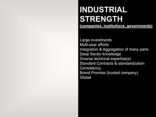 INDUSTRIAL
STRENGTH
(companies, institutions, governments)
Large investments
Multi-year efforts
Integration & Aggregation of many parts
Deep Sector knowledge
Diverse technical expertise(s)
Standard Contracts & standardization
Consistency
Brand Promise (trusted company)
Global
 