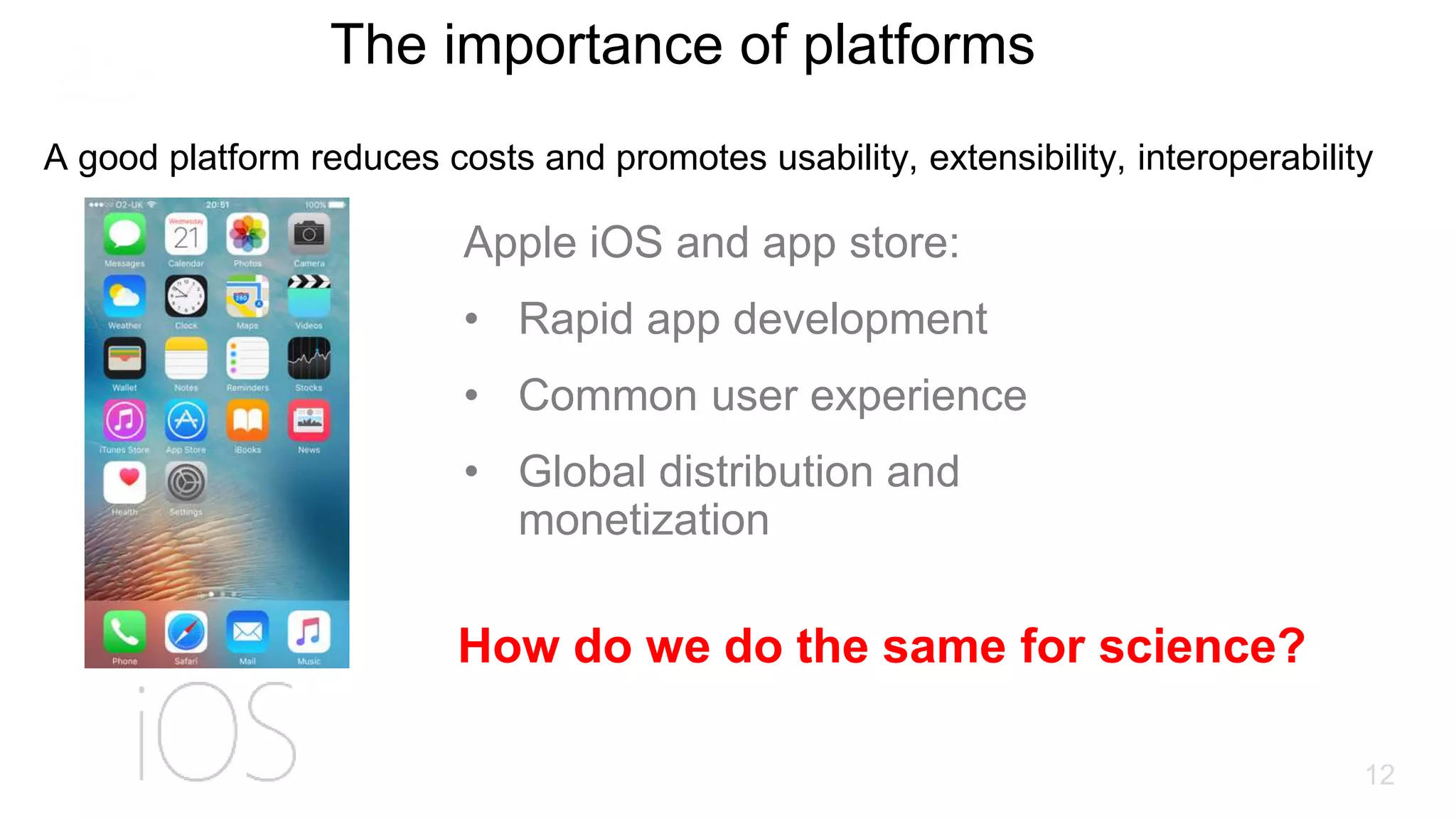 The importance of platforms
12
A good platform reduces costs and promotes usability, extensibility, interoperability
Apple iOS and app store:
• Rapid app development
• Common user experience
• Global distribution and
monetization
How do we do the same for science?
 