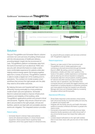 Solution
The joint ThoughtWire and Schneider Electric solution
connects non-core services of building infrastructure
with the clinical process of healthcare delivery,
providing deeper insight into the environment of
care. ThoughtWire’s platform orchestrates data from
the built environment such as electrical, HVAC and
security with clinical information to create a safer,
more comfortable experience for patients while also
helping reduce energy spend. By bringing together
data from a variety of sources, ThoughtWire’s platform
is able to create a digital twin of the building and it’s
operations. This context-rich model enables smart
workflows that connect the right people with the data
they need to drive better outcomes.
By helping clinicians and hospital staff react more
efficiently moving eventually to a more predictive
model of both care and operations. Schneider
Electric's advanced analytics improve infrastructure
resilience and reliability of the building, while
ThoughtWire's applications predict and prevent critical
clinical events. Together, they ensure critical non-core
alerts are provided to the right people, clinical and
facilities, patients are kept safe and avoidable adverse
events are mitigated. The integrated solution provides:
Patient safety
•	 Schneider Electric's Advisor helps avoid adverse
events with advanced analytics of critical infrastructure
equipment. Avoid a power failure caused by faulty
equipment, which has a great impact on clinical services,
by using EcoStruxure analytics and services combined
with Thoughtwire's digital twin
Patient experience
•	 Patients can take control of their environment with
ThoughtWire's suite of mobile applications and
connecting to the built environment through Schneider
Electric's BMS. By putting control of the lighting,
temperature, shades and other room systems in the
hands of the patient, a better experience is achieved as
well as reducing non-clinical requests to caregivers.
•	 Orchestrate data from clinical systems, building systems,
IoT devices and other sources to give a complete
real-time view of operations. Use information from
connected devices and assets like tagged stretchers and
wheelchairs or building elevators to streamline workflows
and move patients through the hospital more efficiently.
Manage wait times and schedules better by increasing
throughput without sacrificing quality.
Operational Efficiency
•	 Drives faster response to time-sensitive critical events,
both clinical and facility, for improved safety and security
of patients and hospital staff
•	 Integrate with the facility, security and health information
systems to provide contextual information to people who
need to know
•	 Connected critical alerts from building services helps
streamline facility operations and notify clinical staff of
any environmental issues that impact their safety and
patients.
•	 Location-based notifications to the right staff enables
them to lock down doors with just one click of their mobile
devices.
EcoStruxure™
Architetecture with
Patient
Safety
real-time, context-based orchestration
facilities clinical staff operators
Operational
Efficiency
Patient
Experience
apps, analytics & services mobile
edge control
connected products
uclod/oron-premmiseudan
d-endndcybersecuurity-to-en
patient
 