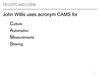 DEVOPS AND CAMS
John Willis uses acronym CAMS for
Culture
Automation
Measurements
Sharing
36
 