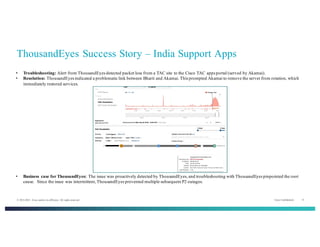 Cisco Confidential 13© 2013-2014 Cisco and/or its affiliates. All rights reserved.
ThousandEyes Success Story – India Support Apps
• Business case for ThousandEyes: The issue was proactively detected by ThousandEyes, and troubleshooting with ThousandEyes pinpointed the root
cause. Since the issue was intermittent, ThousandEyes prevented multiple subsequent P2 outages.
• Troubleshooting: Alert from ThousandEyes detected packet loss from a TAC site to the Cisco TAC apps portal (served by Akamai).
• Resolution: ThousandEyes indicated a problematic link between Bharti and Akamai. This prompted Akamai to remove the server from rotation, which
immediately restored services.
 