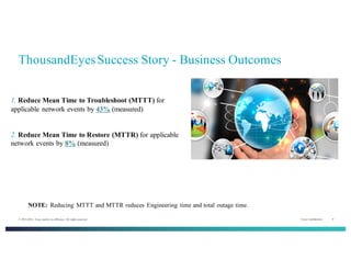 Cisco Confidential 9© 2013-2014 Cisco and/or its affiliates. All rights reserved.
ThousandEyesSuccess Story - Business Outcomes
1. Reduce Mean Time to Troubleshoot (MTTT) for
applicable network events by 43% (measured)
2. Reduce Mean Time to Restore (MTTR) for applicable
network events by 8% (measured)
NOTE: Reducing MTTT and MTTR reduces Engineering time and total outage time.
 