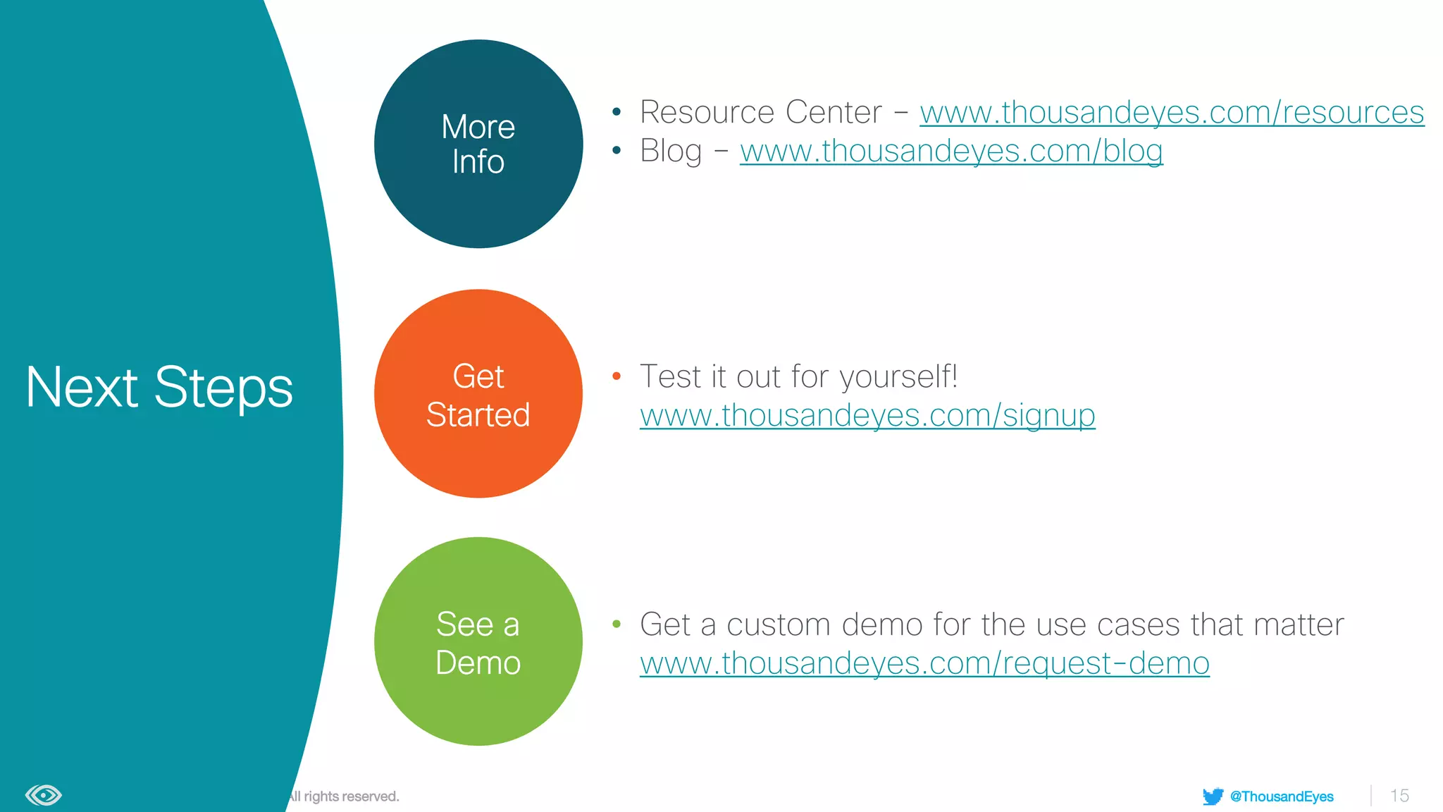 © 1992–2021 Cisco Systems, Inc. All rights reserved. 15
@ThousandEyes
Get
Started
More
Info
See a
Demo
• Test it out for yourself!
www.thousandeyes.com/signup
• Get a custom demo for the use cases that matter
www.thousandeyes.com/request-demo
• Resource Center – www.thousandeyes.com/resources
• Blog – www.thousandeyes.com/blog
Next Steps
 