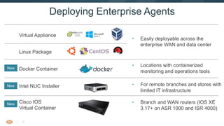 12
Deploying Enterprise Agents
• Locations with containerized
monitoring and operations tools
• For remote branches and stores with
limited IT infrastructure
• Branch and WAN routers (IOS XE
3.17+ on ASR 1000 and ISR 4000)
New
New
New
Virtual Appliance
Docker Container
Linux Package
Intel NUC Installer
Cisco IOS
Virtual Container
• Easily deployable across the
enterprise WAN and data center
 