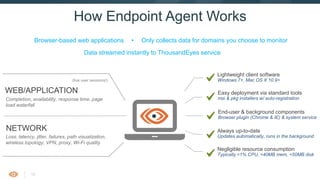 18
How Endpoint Agent Works
Lightweight client software
Windows 7+, Mac OS X 10.9+
Negligible resource consumption
Typically <1% CPU, <40MB mem, <50MB disk
Easy deployment via standard tools
msi & pkg installers w/ auto-registration
End-user & background components
Browser plugin (Chrome & IE) & system service
Always up-to-date
Updates automatically, runs in the background
WEB/APPLICATION
Completion, availability, response time, page
load waterfall
NETWORK
Loss, latency, jitter, failures, path visualization,
wireless topology, VPN, proxy, Wi-Fi quality
(live user sessions!)
Browser-based web applications • Only collects data for domains you choose to monitor
Data streamed instantly to ThousandEyes service
 