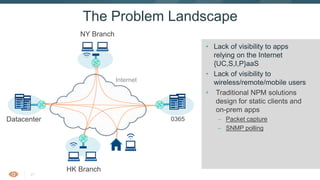 21
The Problem Landscape
• Lack of visibility to apps
relying on the Internet
{UC,S,I,P}aaS
• Lack of visibility to
wireless/remote/mobile users
• Traditional NPM solutions
design for static clients and
on-prem apps
– Packet capture
– SNMP polling
NY Branch
HK Branch
Datacenter 0365
Internet
 