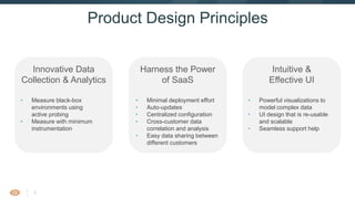 8
Product Design Principles
Intuitive &
Effective UI
Harness the Power
of SaaS
Innovative Data
Collection & Analytics
• Powerful visualizations to
model complex data
• UI design that is re-usable
and scalable
• Seamless support help
• Minimal deployment effort
• Auto-updates
• Centralized configuration
• Cross-customer data
correlation and analysis
• Easy data sharing between
different customers
• Measure black-box
environments using
active probing
• Measure with minimum
instrumentation
 