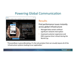 14
NETWORK DATA
• Smart enterprise and
cloud agents
• Internal and external
vantage points
• Actionable metrics on
network topology,
dependencies and
behavior
VISUAL ANALYSIS
• Interactive Network
Data visualizations
• Visibility across all
network segments
• Analytics across
applications, networks
and routing
SHARED KNOWLEDGE
• Interactive snapshots
shareable inside and
outside the org
• Collective intelligence
from global Internet
performance and
outage data
Delivering Network Intelligence
 