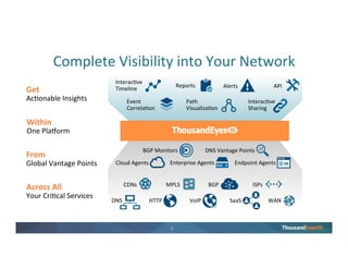 8
Why Organizations Use ThousandEyes
• Large global corporation has deployed Salesforce.com
throughout the organization
• Certain users are complaining about very bad user experience
• The problems seem intermittent—the hardest problems to solve
THE PROBLEM
 