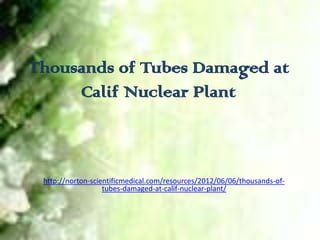 Thousands of Tubes Damaged at
     Calif Nuclear Plant



 http://norton-scientificmedical.com/resources/2012/06/06/thousands-of-
                   tubes-damaged-at-calif-nuclear-plant/
 