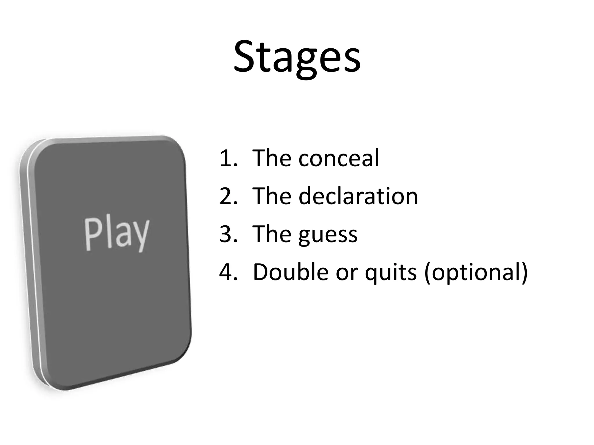 The concealThe declarationThe guessDouble or quits (optional)StagesPlay