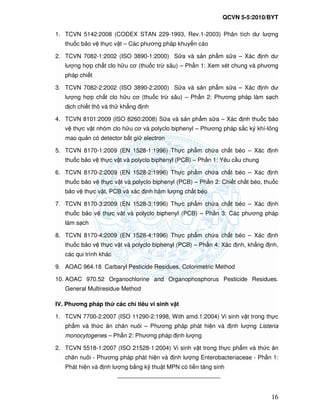QCVN 5-5:2010/BYT
16
1. TCVN 5142:2008 (CODEX STAN 229-1993, Rev.1-2003) Phân tích dư lư ng
thu c b o v th c v t – Các phương pháp khuy n cáo
2. TCVN 7082-1:2002 (ISO 3890-1:2000) S a và s n ph m s a – Xác nh dư
lư ng h p ch t clo h u cơ (thu c tr sâu) – Ph n 1: Xem xét chung và phương
pháp chi t
3. TCVN 7082-2:2002 (ISO 3890-2:2000) S a và s n ph m s a – Xác nh dư
lư ng h p ch t clo h u cơ (thu c tr sâu) – Ph n 2: Phương pháp làm s ch
d ch chi t thô và th kh ng nh
4. TCVN 8101:2009 (ISO 8260:2008) S a và s n ph m s a – Xác nh thu c b o
v th c v t nhóm clo h u cơ và polyclo biphenyl – Phương pháp s c ký khí-l ng
mao qu n có detector b t gi electron
5. TCVN 8170-1:2009 (EN 1528-1:1996) Th c ph m ch a ch t béo – Xác nh
thu c b o v th c v t và polyclo biphenyl (PCB) – Ph n 1: Yêu c u chung
6. TCVN 8170-2:2009 (EN 1528-2:1996) Th c ph m ch a ch t béo – Xác nh
thu c b o v th c v t và polyclo biphenyl (PCB) – Ph n 2: Chi t ch t béo, thu c
b o v th c v t, PCB và xác nh hàm lư ng ch t béo
7. TCVN 8170-3:2009 (EN 1528-3:1996) Th c ph m ch a ch t béo – Xác nh
thu c b o v th c v t và polyclo biphenyl (PCB) – Ph n 3: Các phương pháp
làm s ch
8. TCVN 8170-4:2009 (EN 1528-4:1996) Th c ph m ch a ch t béo – Xác nh
thu c b o v th c v t và polyclo biphenyl (PCB) – Ph n 4: Xác nh, kh ng nh,
các qui trình khác
9. AOAC 964.18 Carbaryl Pesticide Residues. Colorimetric Method
10. AOAC 970.52 Organochlorine and Organophosphorus Pesticide Residues.
General Multiresidue Method
IV. Phương pháp th các ch tiêu vi sinh v t
1. TCVN 7700-2:2007 (ISO 11290-2:1998, With amd.1:2004) Vi sinh v t trong th c
ph m và th c ăn chăn nuôi – Phương pháp phát hi n và nh lư ng Listeria
monocytogenes – Ph n 2: Phương pháp nh lư ng
2. TCVN 5518-1:2007 (ISO 21528-1:2004) Vi sinh v t trong th c ph m và th c ăn
chăn nuôi - Phương pháp phát hi n và nh lư ng Enterobacteriaceae - Ph n 1:
Phát hi n và nh lư ng b ng k thu t MPN có ti n tăng sinh
 