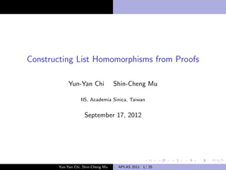 Constructing List Homomorphisms from Proofs

            Yun-Yan Chi             Shin-Cheng Mu

                  IIS, Academia Sinica, Taiwan


                    September 17, 2012




       Yun-Yan Chi, Shin-Cheng Mu    APLAS 2011 1/ 25
 