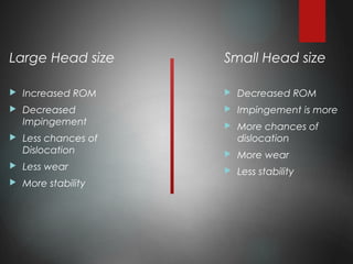 Large Head size
 Increased ROM
 Decreased
Impingement
 Less chances of
Dislocation
 Less wear
 More stability
Small Head size
 Decreased ROM
 Impingement is more
 More chances of
dislocation
 More wear
 Less stability
 