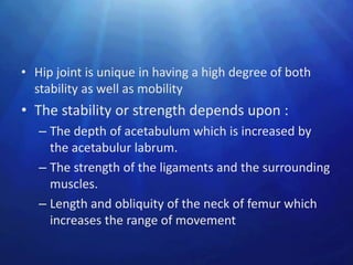 • Hip joint is unique in having a high degree of both
  stability as well as mobility
• The stability or strength depends upon :
   – The depth of acetabulum which is increased by
     the acetabulur labrum.
   – The strength of the ligaments and the surrounding
     muscles.
   – Length and obliquity of the neck of femur which
     increases the range of movement
 
