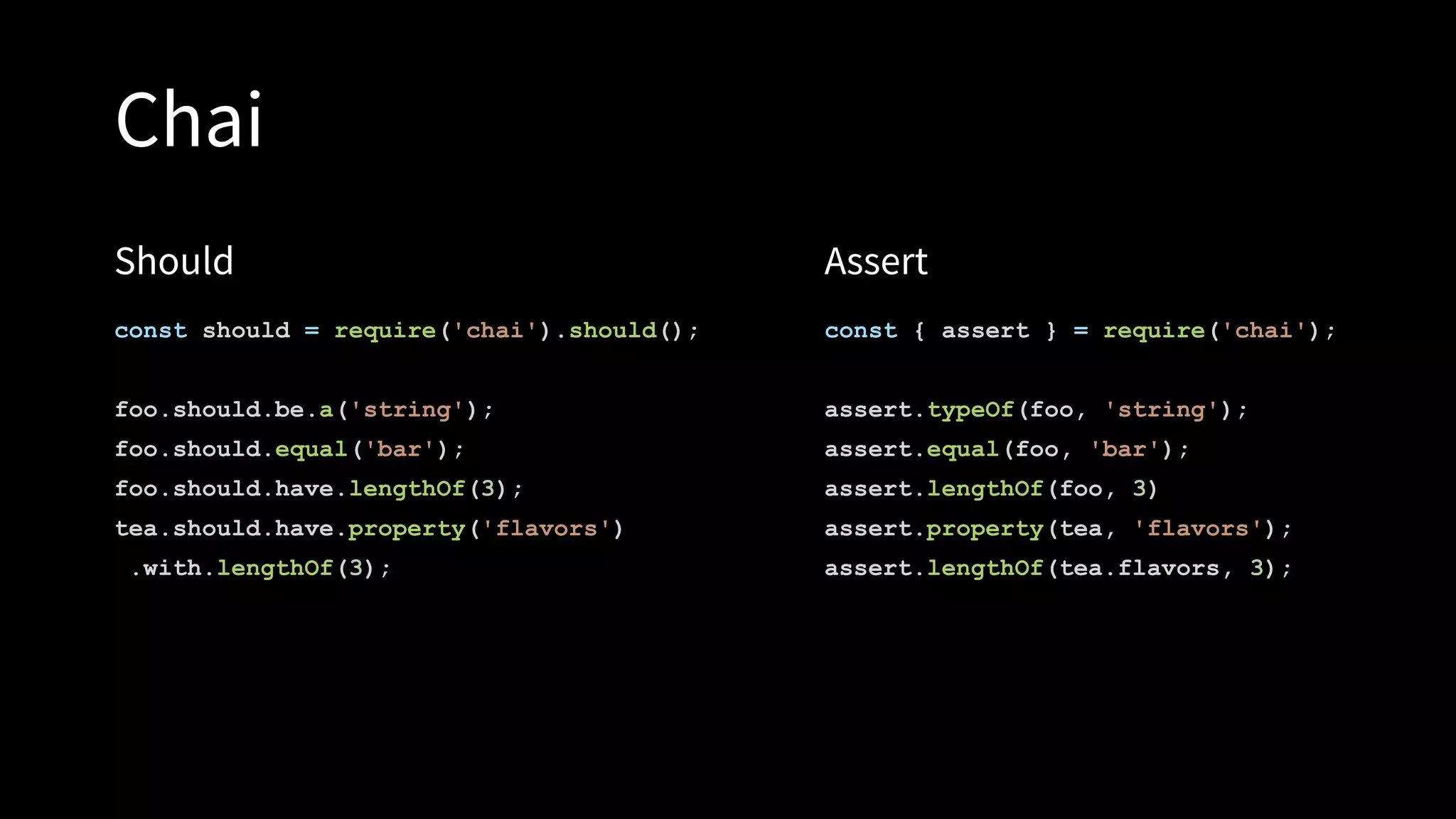 Chai
const should = require('chai').should();
foo.should.be.a('string');
foo.should.equal('bar');
foo.should.have.lengthOf(3);
tea.should.have.property('flavors')
.with.lengthOf(3);
const { assert } = require('chai');
assert.typeOf(foo, 'string');
assert.equal(foo, 'bar');
assert.lengthOf(foo, 3)
assert.property(tea, 'flavors');
assert.lengthOf(tea.flavors, 3);
Should Assert
 