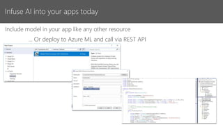 Infuse AI into your apps today
Include model in your app like any other resource
… Or deploy to Azure ML and call via REST API
 