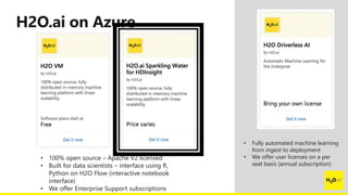 • 100% open source – Apache V2 licensed
• Built for data scientists – interface using R,
Python on H2O Flow (interactive notebook
interface)
• We offer Enterprise Support subscriptions
• Fully automated machine learning
from ingest to deployment
• We offer user licenses on a per
seat basis (annual subscription)
 