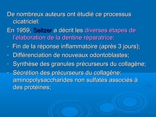 De nombreux auteurs ont étudié ce processusDe nombreux auteurs ont étudié ce processus
cicatriciel:cicatriciel:
En 1959,En 1959, SeltzerSeltzer a décrit lesa décrit les diverses étapes dediverses étapes de
l’élaboration de la dentine réparatrice:l’élaboration de la dentine réparatrice:
-- Fin de la réponse inflammatoire (après 3 jours);Fin de la réponse inflammatoire (après 3 jours);
- Différenciation de nouveaux odontoblastes;Différenciation de nouveaux odontoblastes;
- Synthèse des granules précurseurs du collagène;Synthèse des granules précurseurs du collagène;
- Sécrétion des précurseurs du collagène:Sécrétion des précurseurs du collagène:
aminopolysaccharides non sulfatés associés àaminopolysaccharides non sulfatés associés à
des protéines;des protéines;
 