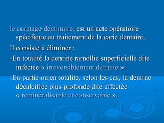 lele curetage dentinaire:curetage dentinaire: est un acte opératoireest un acte opératoire
spécifique au traitement de la carie dentaire.spécifique au traitement de la carie dentaire.
Il consiste à éliminer :Il consiste à éliminer :
-En totalité la dentine ramollie superficielle dite-En totalité la dentine ramollie superficielle dite
infectée «infectée « irréversiblement détruiteirréversiblement détruite ».».
-En partie ou en totalité, selon les cas, la dentine-En partie ou en totalité, selon les cas, la dentine
décalcifiée plus profonde dite affectéedécalcifiée plus profonde dite affectée
«« reminéralisable etreminéralisable et conservableconservable ».».
 