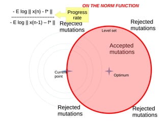 - E log || x(n) - f* ||
--------------------------
- E log || x(n-1) – f* ||
Accepted
mutations
Rejected
mutations
ON THE NORM FUNCTION
Level set
Current
point Optimum
Rejected
mutations
Rejected
mutations
Rejected
mutations
Progress
rate
 