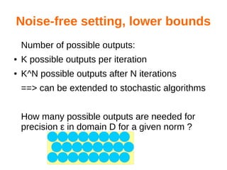 Noise-free setting, lower bounds
Number of possible outputs:
● K possible outputs per iteration
● K^N possible outputs after N iterations
==> can be extended to stochastic algorithms
How many possible outputs are needed for
precision ε in domain D for a given norm ?
 